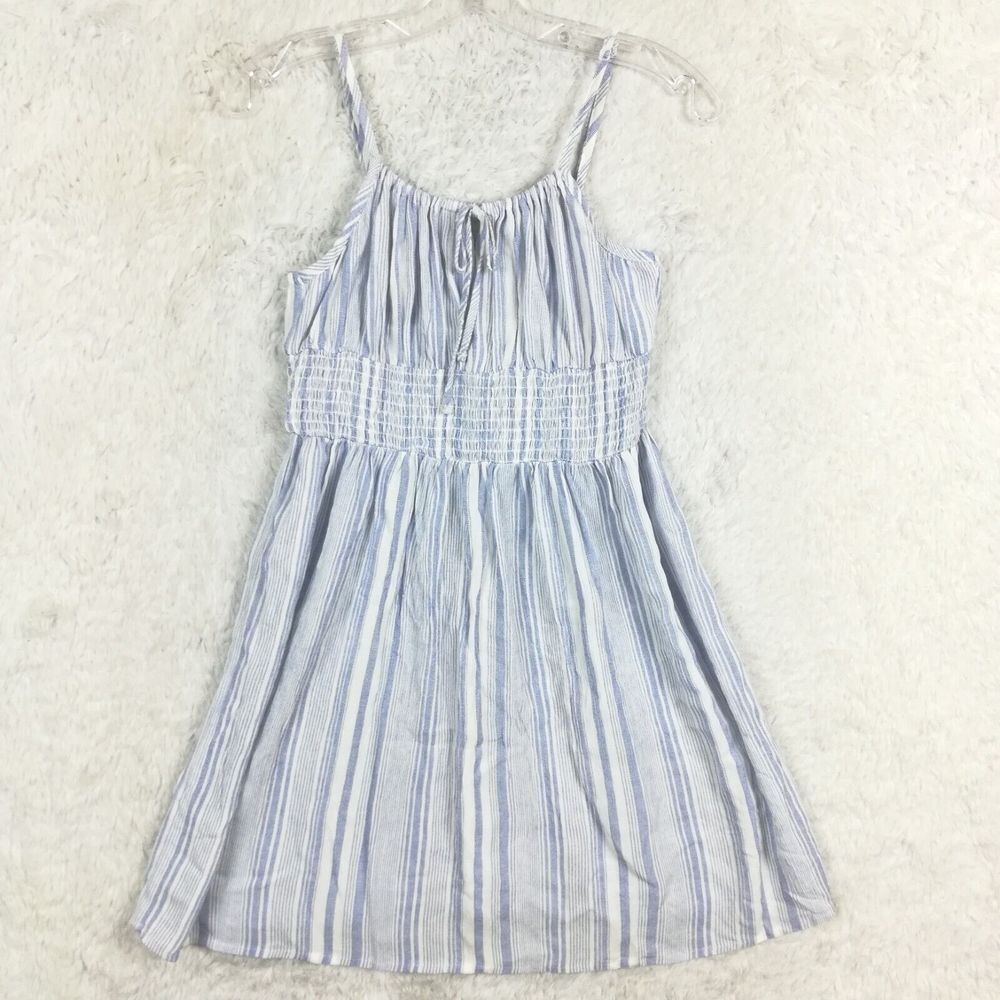 So Womens Babydoll Dress‎ Mini Tie Front Smocked Waist Blue White Stripe S New